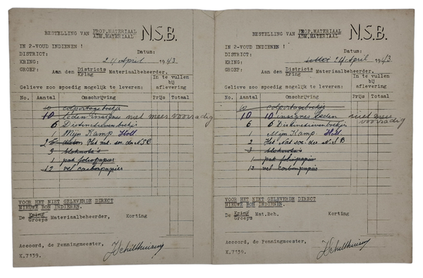 Original WW2 Dutch NSB Collaboration Document - Order form for propaganda (1943)