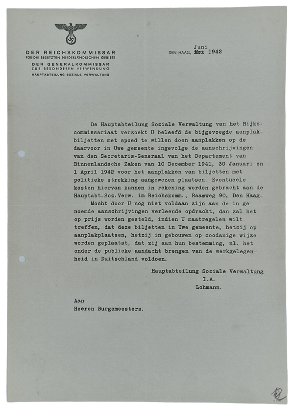 Original WW2 Dutch Collaboration Document - Reichskommissar Verwaltung spreading propaganda posters (1942)