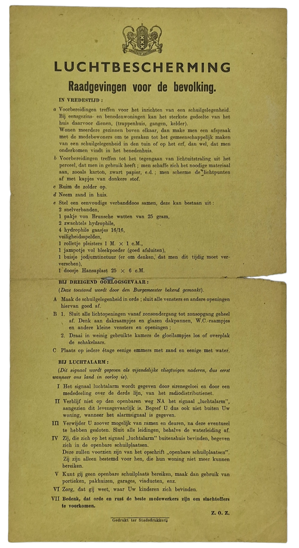 Original WW2 Dutch LBD Document - Luchtbeschermingsdienst Amsterdam ''Raadgevingen voor de bevolking''