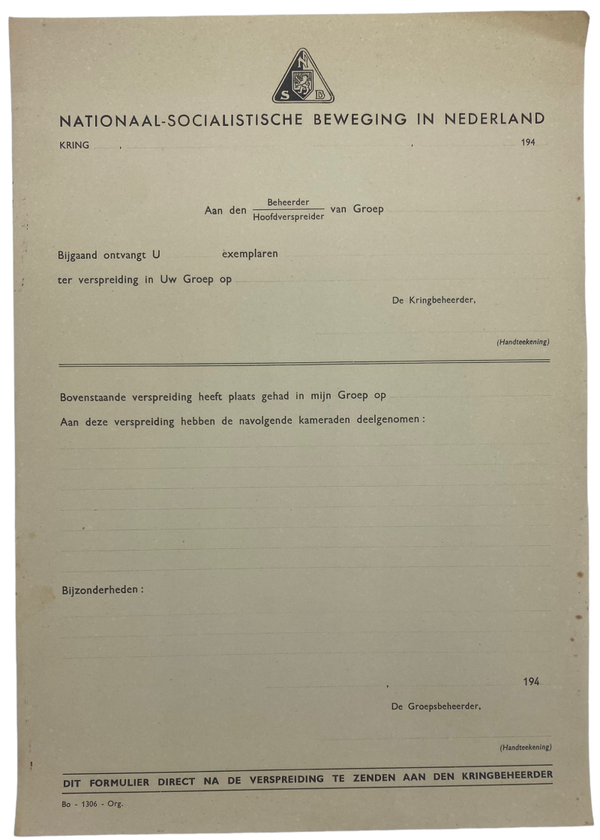 Original WW2 Dutch Collaboration NSB Document - unused  ''verspreiding formulier''