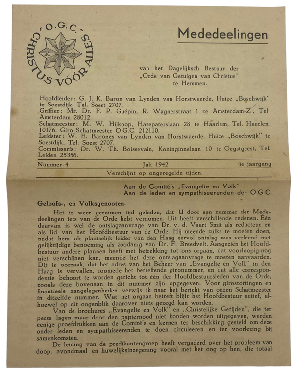 Original WW2 Dutch Collaboration Document - Notice Christian NSB group ''Orde van Getuigen van Christus'' (1942)