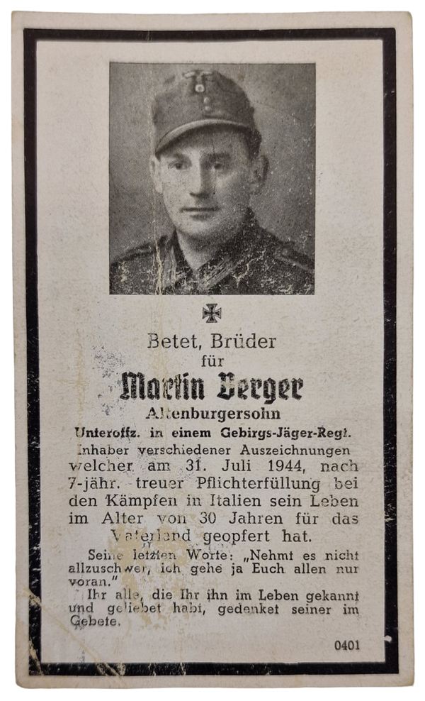 Original WW2 German Document - Death Card Martin Berger, Gebirgs Jäger Regiment, Italy (1944)