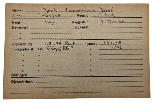 Original WW2 Allied Document - Registration card Dutch interpreter in allied service, Zandvoort, Haarlem (1945)