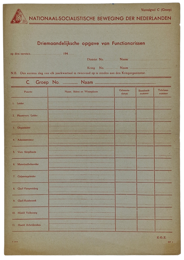Original WW2 Dutch Collaboration NSB Document - ''Driemaandelijksche opgave van Functionarissen''
