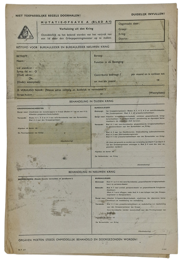 Original WW2 Dutch Collaboration NSB Document - ''Mutatie Opgave'', 4 sheets
