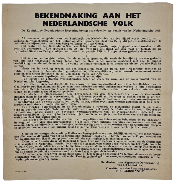 Original WW2 Dutch Poster  - Bekendmaking aan het Nederlandsche Volk, P. S. Gerbrandy (1945)