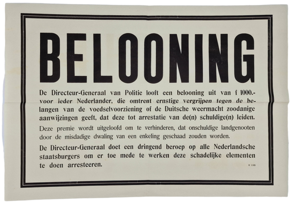 Original WW2 Dutch Poster  - Belooning
