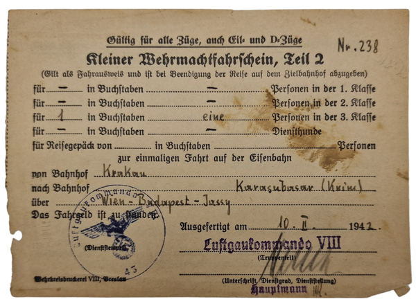 Original WW2 German Document - Kleiner Wehrmachtfahrschein Luftgaukommando VIII, Krakau Budapest (1942)