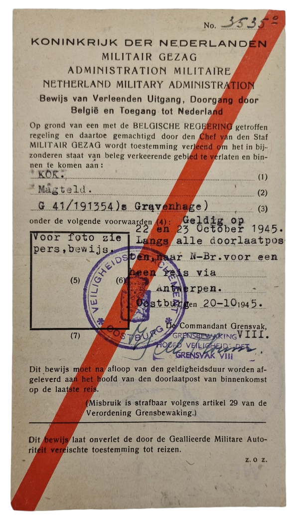 Original WW2 Dutch Document - MG Militair Gezag Oostbrug, Antwerpen (1945)