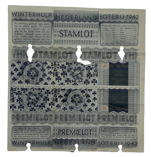 Original WW2 Dutch Collaboration WHN Document - Winterhulp Nederland Loterij Stamlot Lottery Ticket (1942)