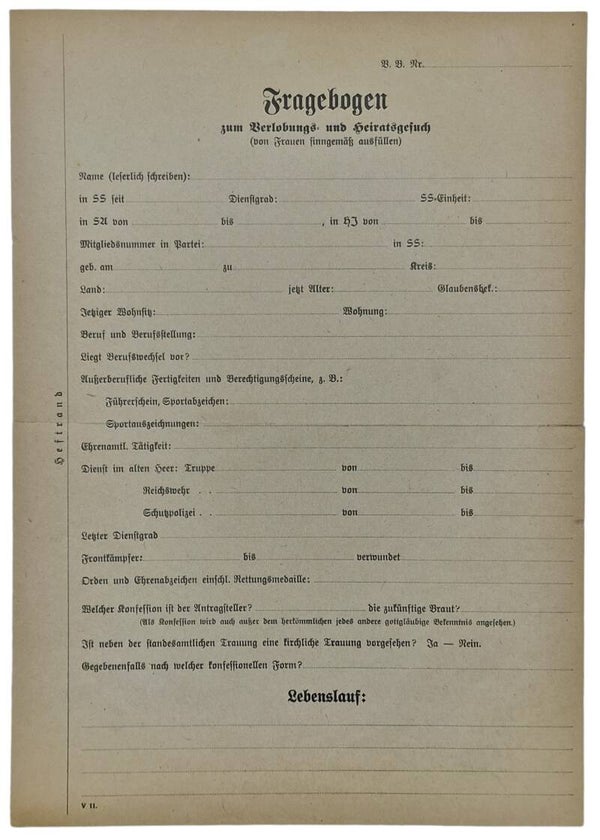 Original WW2 German Waffen SS Document - Waffen SS Marriage questionnaire ''Fragebogen zum Verlobungs und Heiratsgesuch''