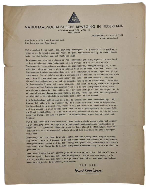 Original WW2 Dutch NSB Collaboration Document - Propaganda letter, Ernst Voorhoeve, Amsterdam (1941)