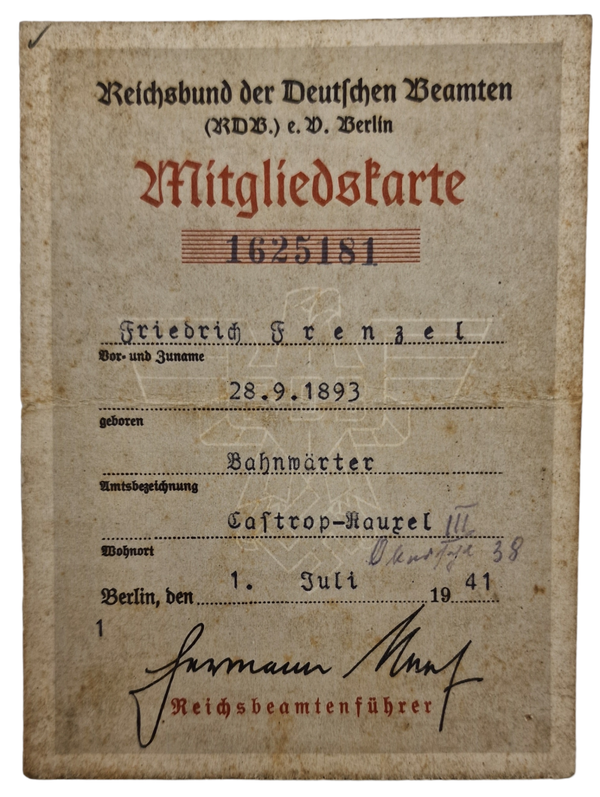 Original WW2 German Document - Reichsbund der Deutschen Beamten Mitgliedskarte, Berlin (1941)
