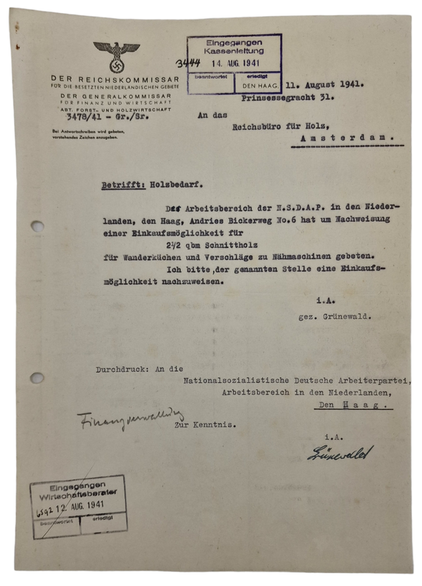 Original WW2 Dutch Collaboration Document - Der Reichskommissar Amsterdam (1941)