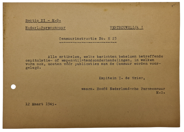 Original WW2 Dutch Allied Document - MG Militair Gezag, H 23 Censorship Capitulation talks (1945)