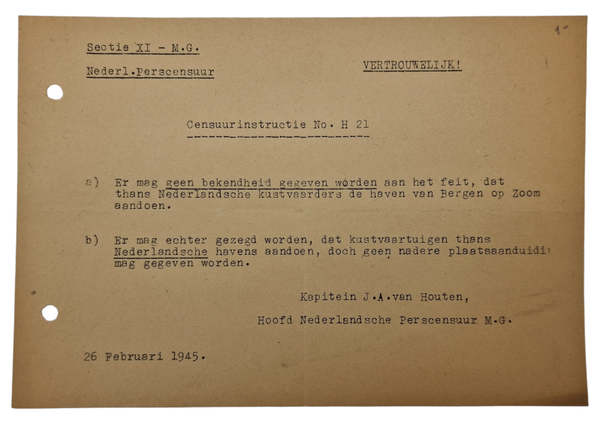 Original WW2 Dutch Allied Document - MG Militair Gezag, H 21 Censorship Bergen op Zoom coastal guards (1945)