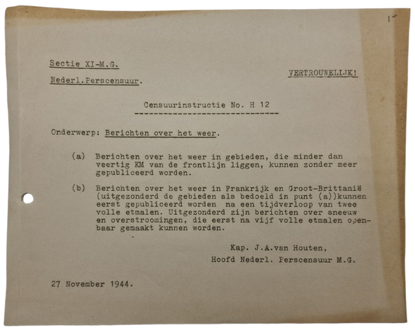 Original WW2 Dutch Allied Document - MG Militair Gezag, H 12 Censorship Not talking about the weather reports (1944)