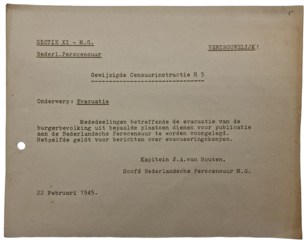 Original WW2 Dutch Allied Document - MG Militair Gezag, H 5 Censorship Not publishing Evacuation reports (1945)