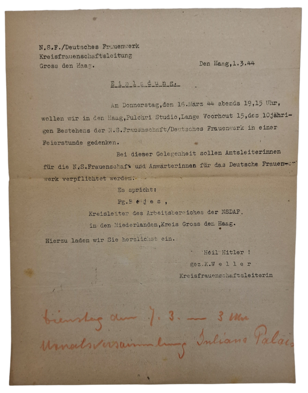 Original WW2 Dutch Collaboration WHN Document - NS Frauenschaft Pulchri Studio, The Hague (1944)
