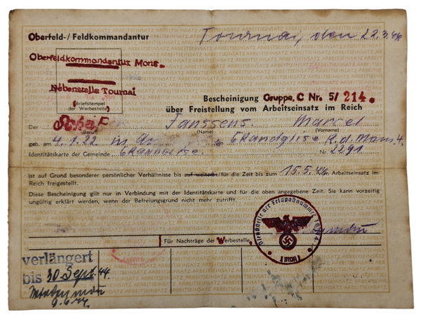 Original WW2 Belgian Document - Oberfeldkommandantur Mons Nebenstelle Tournai Bescheinigung (1944)
