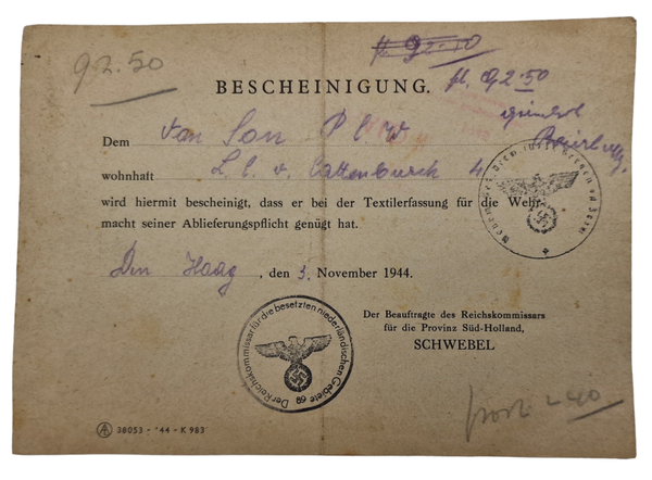 Original WW2 Dutch Document - Bescheinigung The Hague (1944)