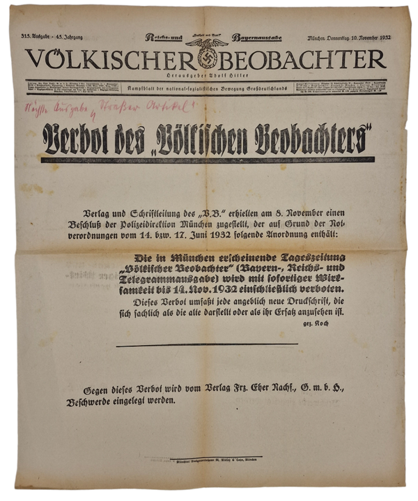 Original WW2 German Poster - Newspaper Volkischer Beobachter forbidden, 10th of November (1932)