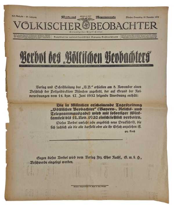 Original WW2 German Poster - Newspaper Volkischer Beobachter forbidden, 10th of November (1932)