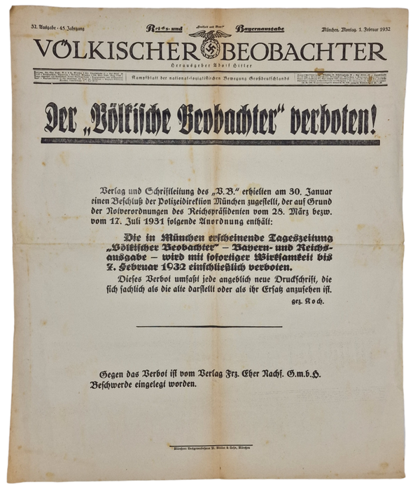 Original WW2 German Poster - Newspaper Volkischer Beobachter forbidden, 1st of February (1932)