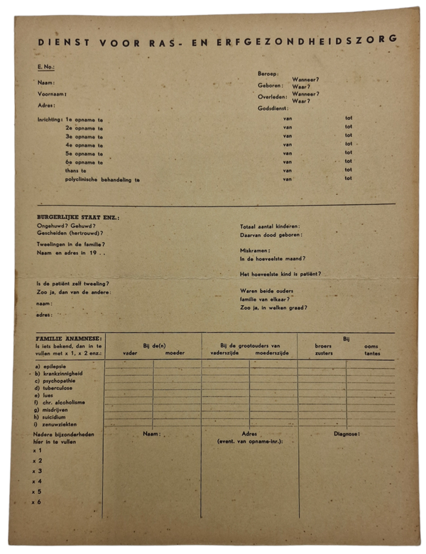 Original WW2 Dutch Waffen SS Document - Index card ''Dienst voor Ras- en Erfgezondheidszorg''