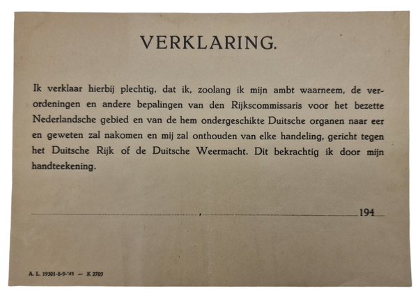 Original WW2 Dutch Collaboration Document - Loyalty to Germany statement