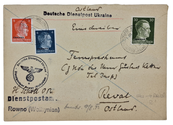 Original WW2 German Document - Envelope Deutsche Dienstpost Ukraine, Rowno Wolhynien (1943)