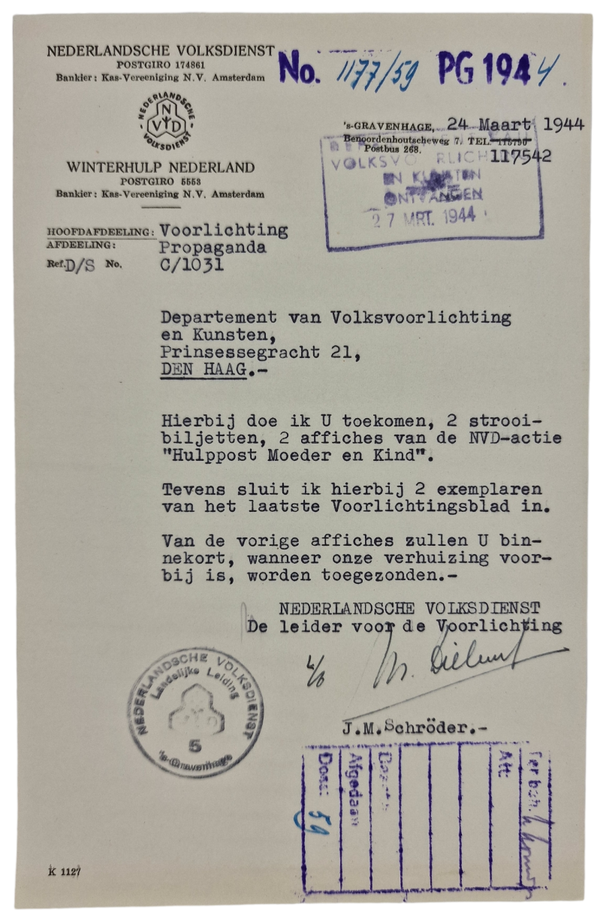 Original WW2 Dutch Collaboration WHN Document - NVD Winterhulp Nederland letter by Schröder, The Hague (1944)