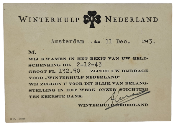 Original WW2 Dutch Collaboration WHN Document - Winterhulp Nederland Donation Thank you note (1943)