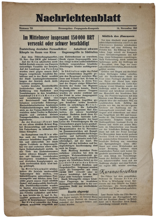 Original WW2 German Newspaper - Nachrichtenblatt Propaganda Kompanie 17007 No. 755 (1943)