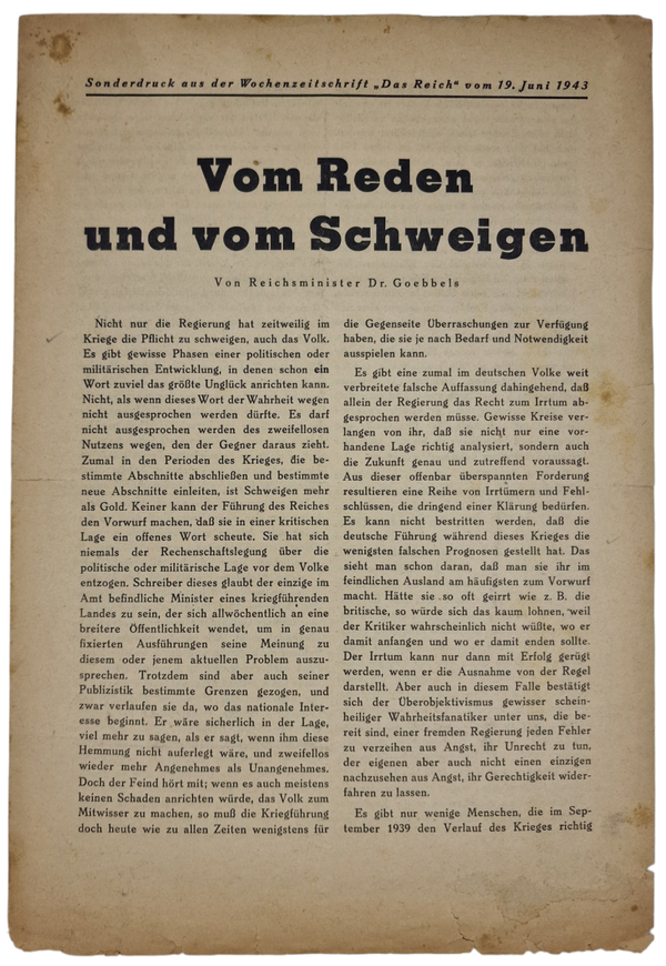 Original WW2 German Document - Vom Reden und vom Schweigen, Reichsminister Joseph Goebbels (1943)