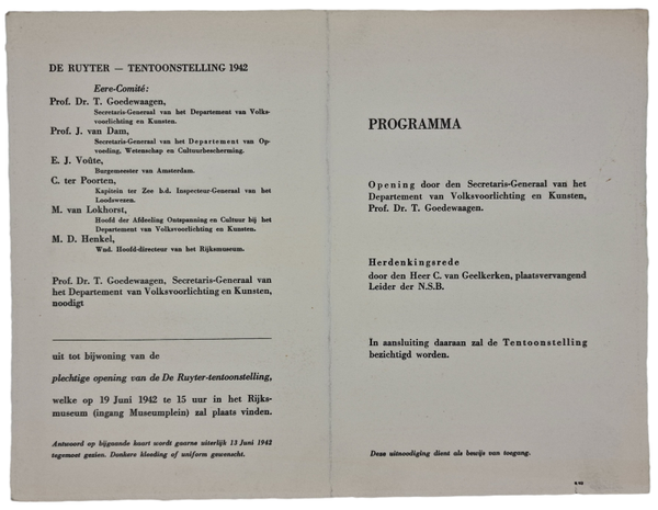 Original WW2 Dutch Collaboration NSB Document - Program NSB De Ruyter exhibition, Rijksmuseum, Amsterdam (1942)