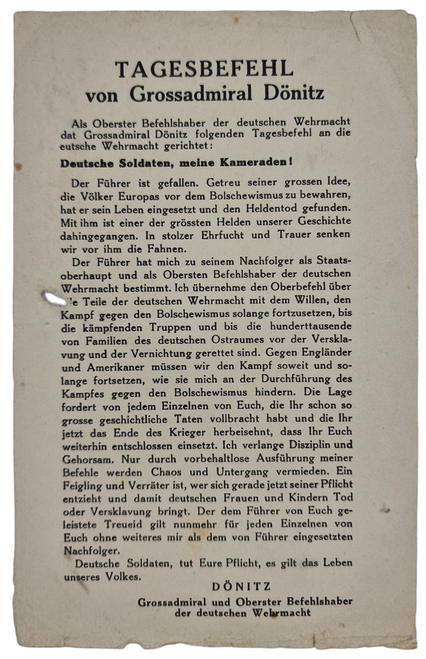 Original WW2 German Document - ''Hitler is dead'' Tagesbefehl von Grossadmiral Dönitz, May (1945)
