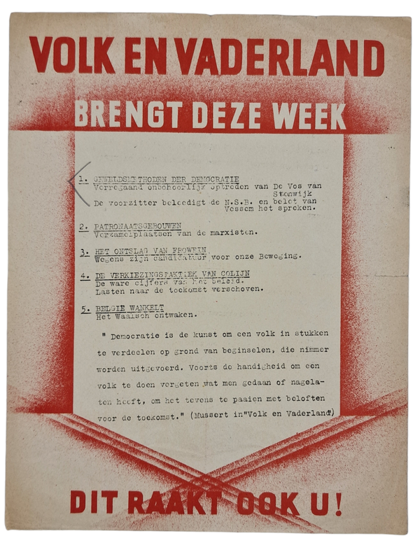 Original WW2 Dutch Collaboration NSB Document - Volk en Vaderland Brengt deze week, advertisement