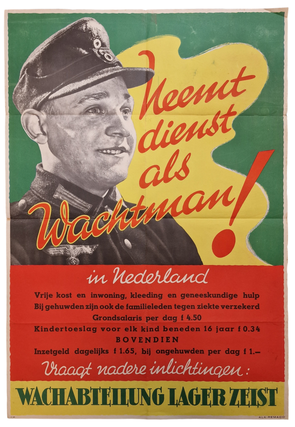 Original WW2 Dutch Collaboration Poster - Neemt dienst als Wachtman! Wachabteilung Lager Zeist (1944)