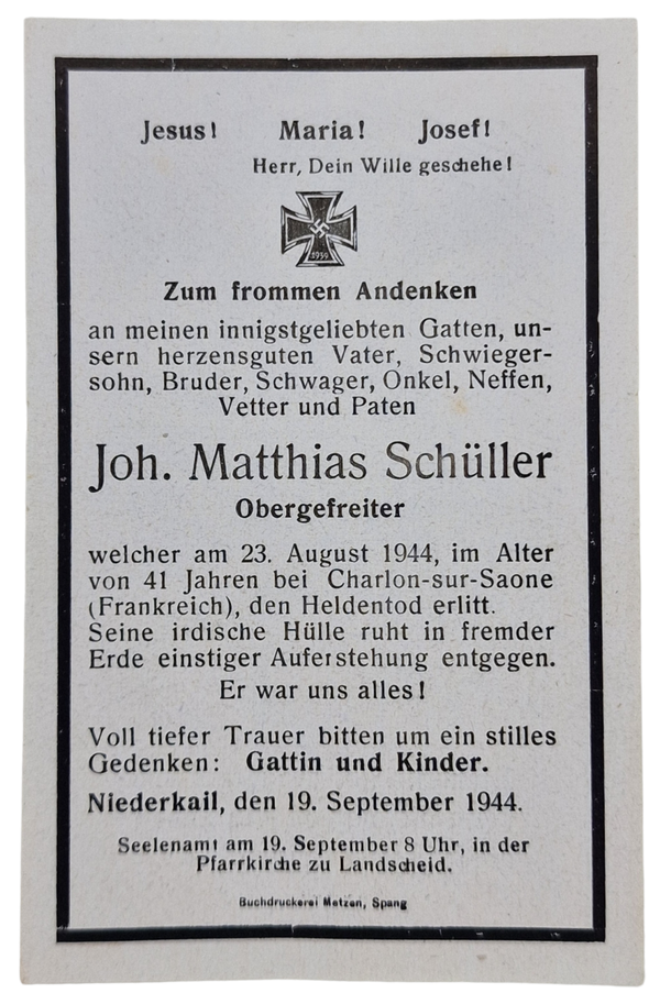 Original WW2 German Document - Death Card Joh. Matthias Schüller, Charlon-sur-Saone, France (1944)