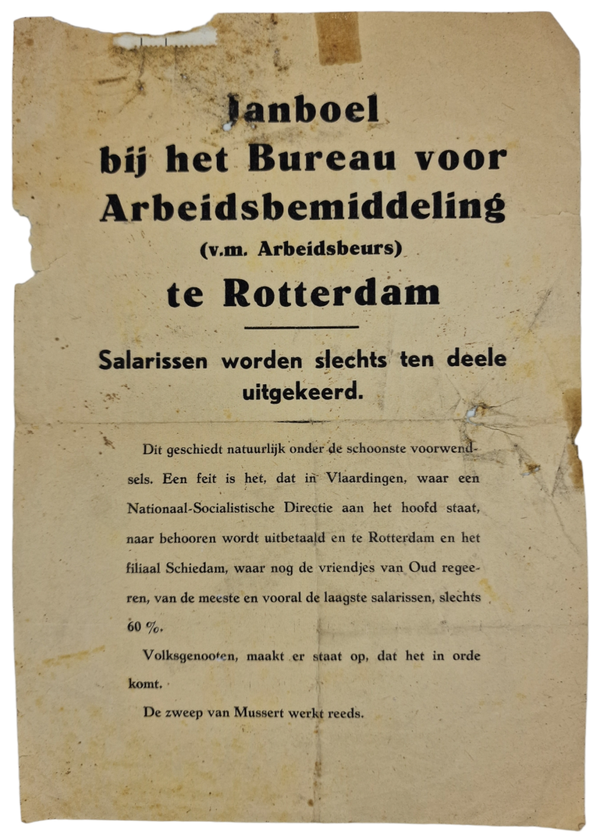 Original WW2 Dutch Collaboration NSB Flyer - Janboel bij het Bureau voor Arbeidsbemiddeling te Rotterdam, Vlaardingen, Schiedam