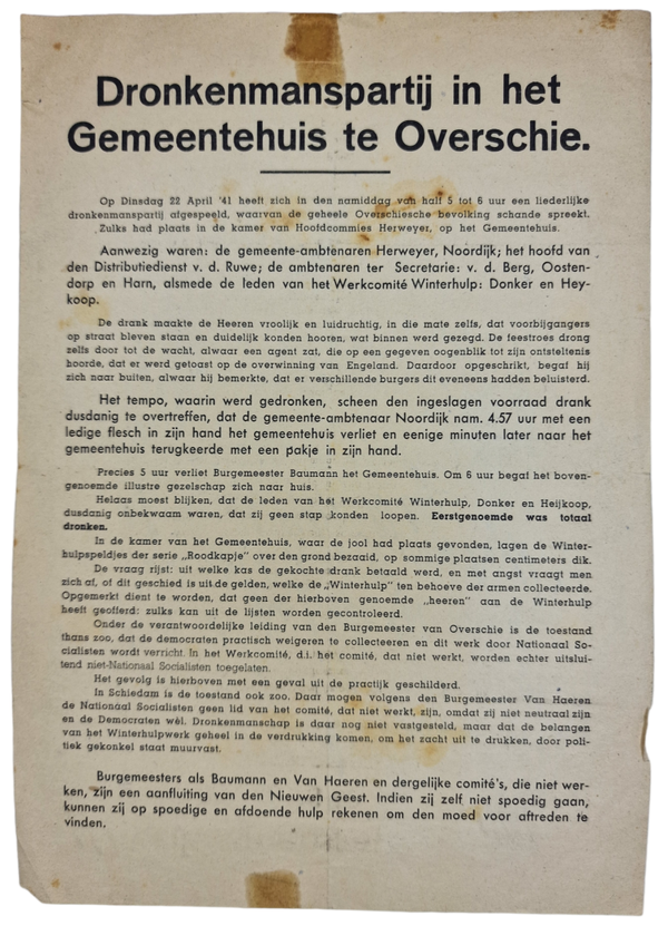 Original WW2 Dutch Collaboration NSB Flyer - Dronkenmanspartij in het Gemeentehuis te Overschie
