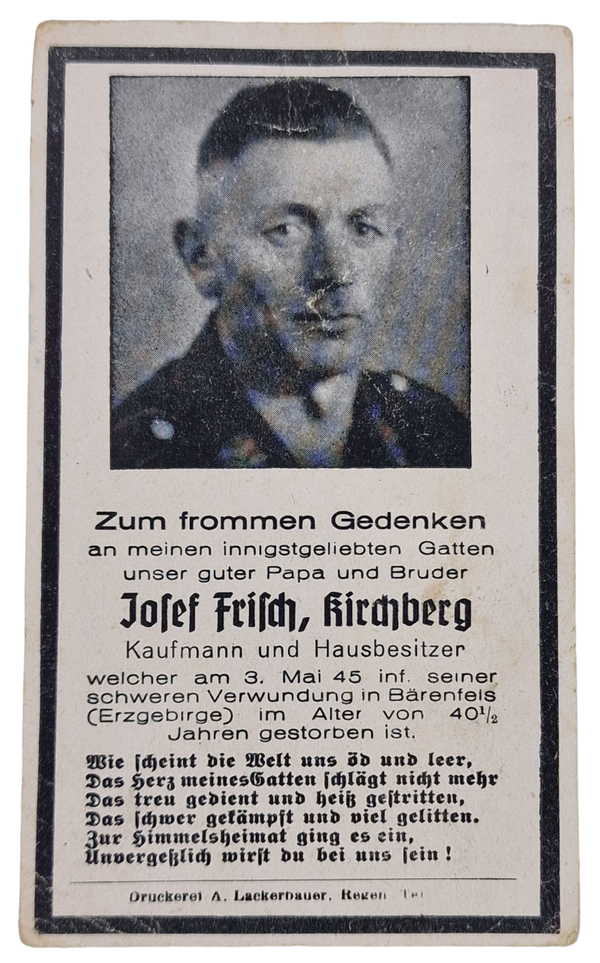 Original WW2 German Document - Death Card Josef Frisch, Bärenfels, 3rd of May (1945)
