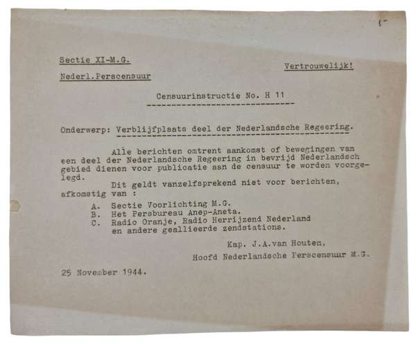 Original WW2 Dutch Allied Document - MG Militair Gezag H 11,  Censorship Not publishing residence of the Dutch government (1944)