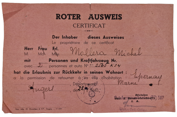 Original WW2 German Document - Roter Ausweis Kraftfahrzeug, vehicle permit Epernay, Angers, France (1940)
