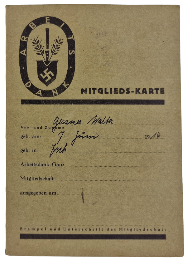 Original WW2 German RAD Document - Reichsarbeitsdienst Mitglieds Karte (1934)