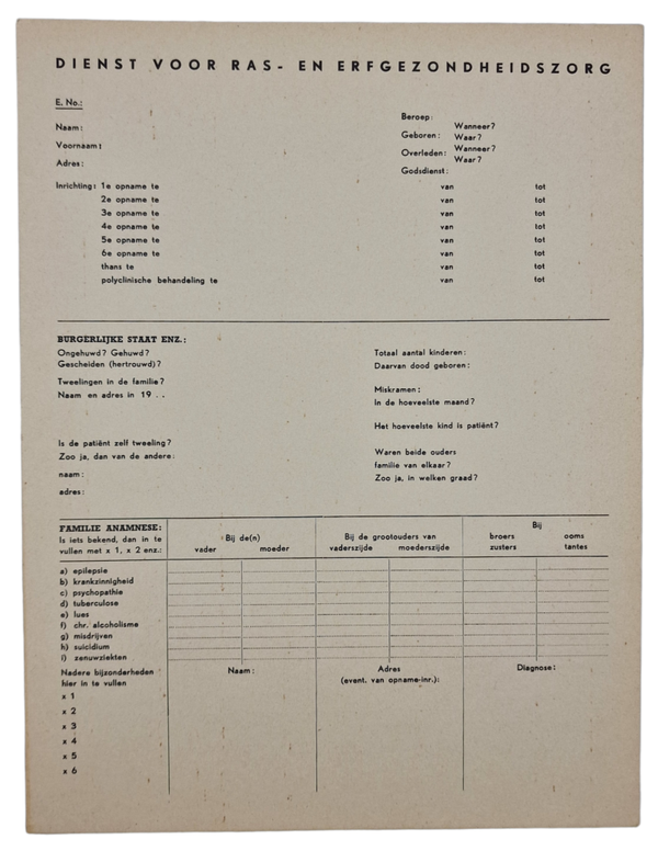 Original WW2 Dutch Waffen SS Document - Index card ''Dienst voor Ras- en Erfgezondheidszorg'' in white