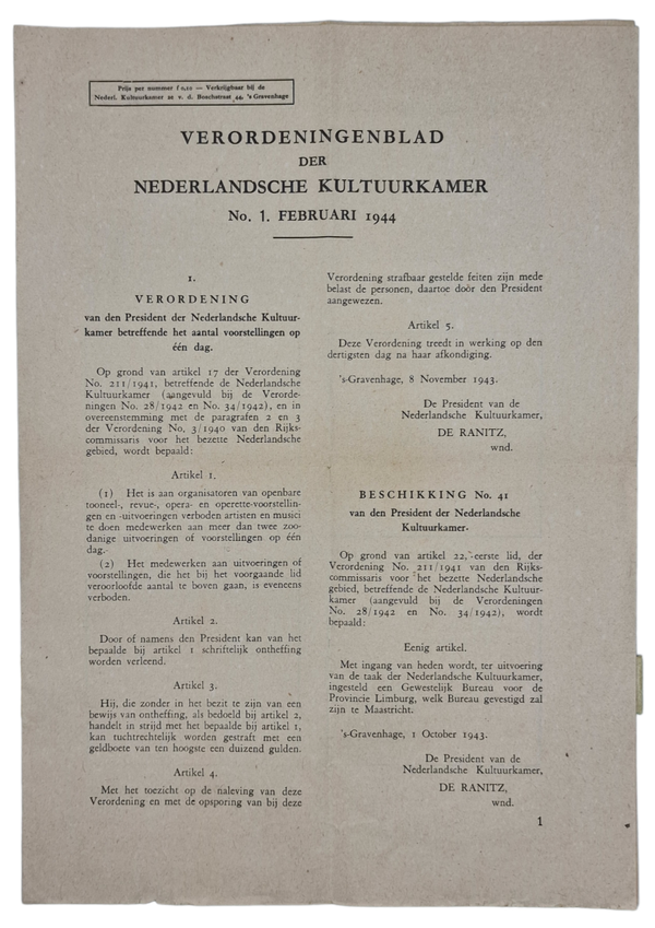Original WW2 Dutch Collaboration Document - Verordeningenblad Nederlandsche Kultuurkamer No. 1 (1944)