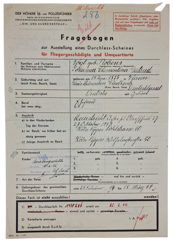 Original WW2 Dutch Document - Höhere SS- und Polizeiführer Fragebogen für Reichsdeutsche Maastricht, Viersen (1944)