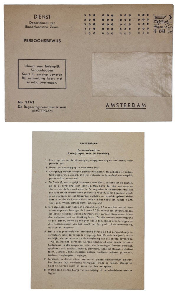 Original WW2 Dutch Document - Persoonsbewijs information envelope and sheet, Amsterdam (1941)